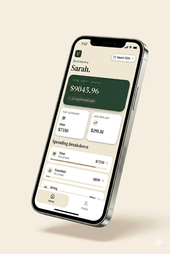 Vela app on iPhone, monthly spending overview